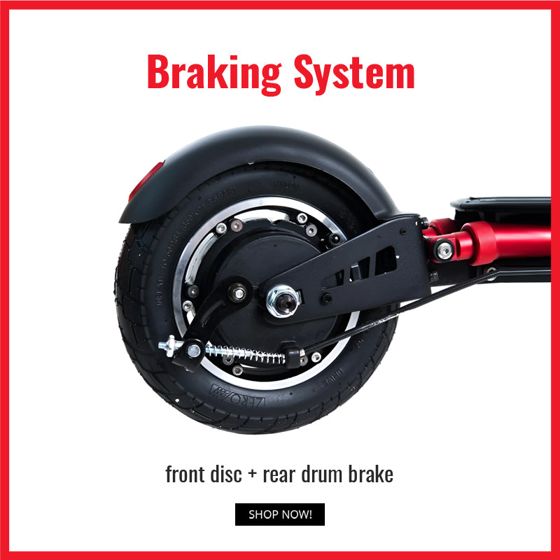 Front disc brake and rear drum brake on the Zero 9 scooter for superior stopping power