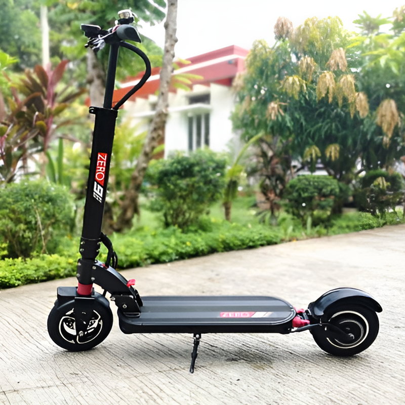 Rider commuting through city streets on the DRIDER Zero 9 electric scooter