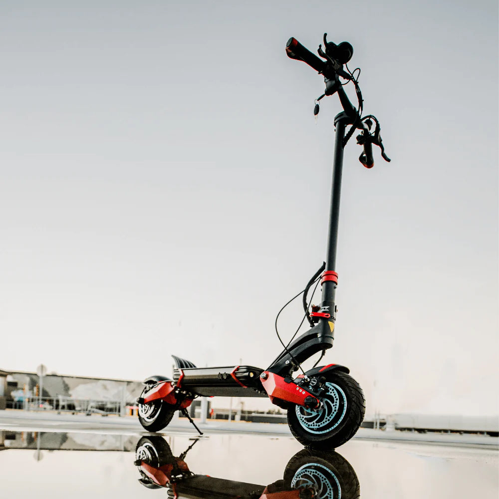 Zero 10X e-scooter rear suspension and taillight close-up
